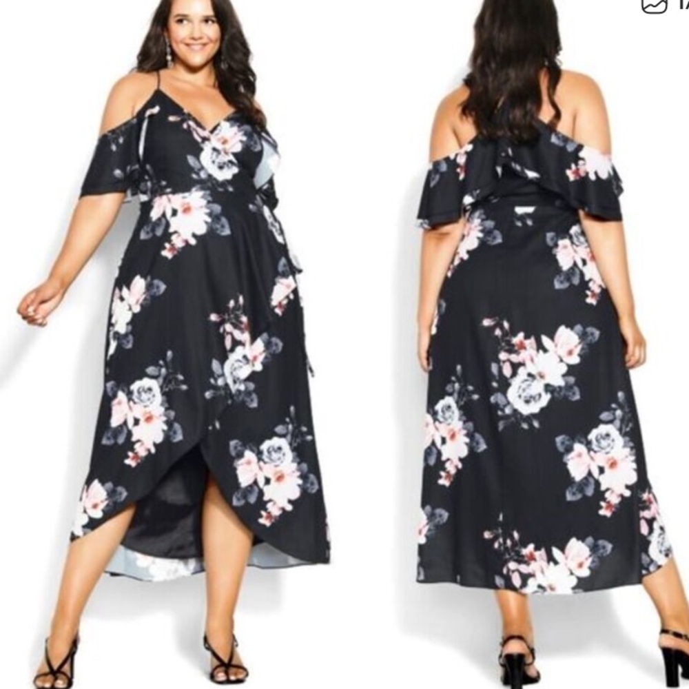 City Chic Plus Size Black lotus Floral Cold-Shoulder Dress Sz 18 New
